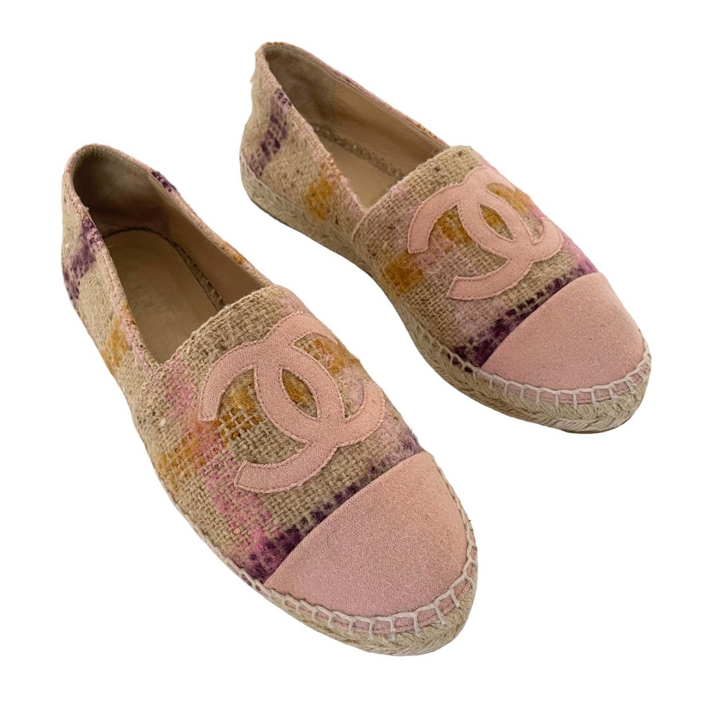 Authentic Chanel Espadrilles Tweed Loafer Flats Shoes CC Logos Cap Toe EU 39